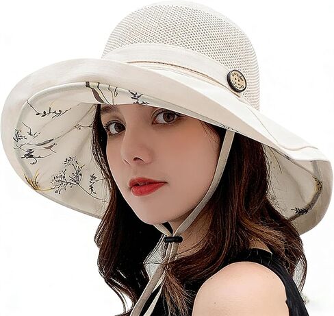 Mesh-Breathable Sun-Hat for Women,Floral Wide-Brim Beach Bucket Hat with Detachable Chin Strap Girls Teens Fishing Hat in Kuwait