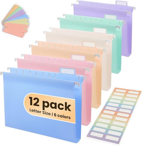 Pastel Plastic Hanging File Folders, Letter Size with 1/5-Cut Tabs, Expandable Hanging Organizer File Folders for Filing Cabinet, 12 Pack, Home & Office Document Management in Saudi Arabia