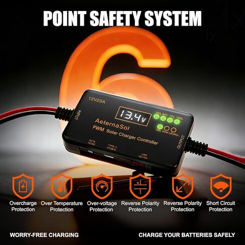 PWM Solar Charge Controller 12V 20A Solar Panel with LCD Display Charge Controller for Gel AGM Lithium LiFePO4 Batteries Charge Controllers Compatible with Type-c and USB（12v/20A） in Saudi Arabia