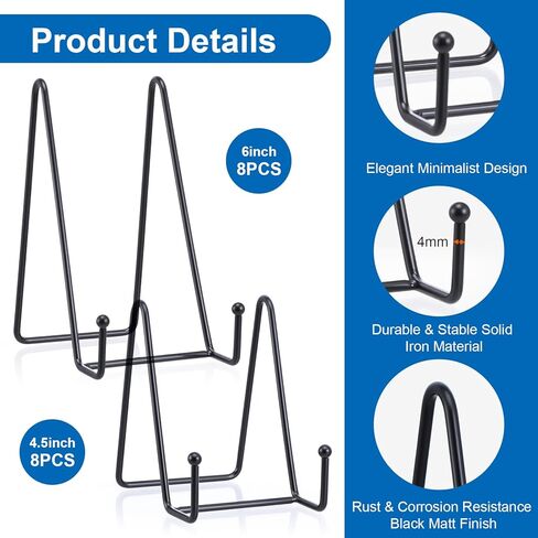 16 حزمة من حوامل الأطباق للعرض، وحوامل إطارات الصور المعدنية وحوامل الحامل للكتب والصور واللوحات الزخرفية والفنون - مقاسات 4 بوصات و6 بوصات، أسود (8 قطع لكل منها) in Kuwait