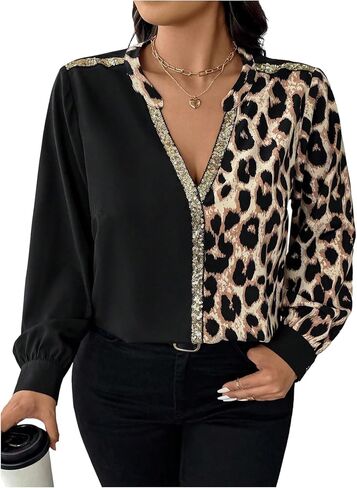 SweatyRocks Women's Plus Size Leopard Print Tops Long Sleeve Notched V Neck Tunic Loose Shirt Blouse in Saudi Arabia