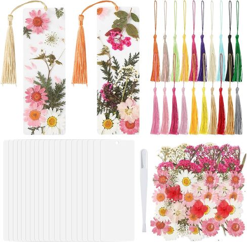 20 Sets Dried Flower Bookmark Making Kit Transparent Bookmark DIY Projects Craft Gift Bulk PET Sticker with Color Tassels and tweezer for Classroom Activities Reading Award and Book Lovers in Kuwait