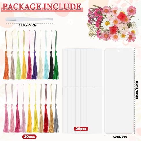 20 Sets Dried Flower Bookmark Making Kit Transparent Bookmark DIY Projects Craft Gift Bulk PET Sticker with Color Tassels and tweezer for Classroom Activities Reading Award and Book Lovers in Kuwait