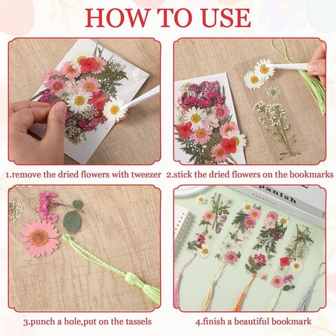 20 Sets Dried Flower Bookmark Making Kit Transparent Bookmark DIY Projects Craft Gift Bulk PET Sticker with Color Tassels and tweezer for Classroom Activities Reading Award and Book Lovers in Kuwait