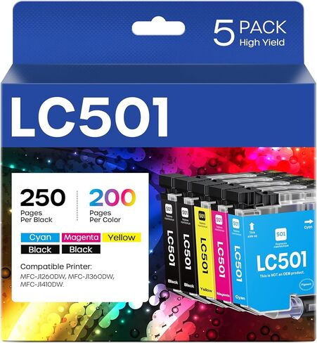 LC501 Ink Cartridges 5 Pack Compatible for Brother LC501 LC 501 Ink Cartridges LC501BK LC501C LC501M LC501Y use with MFC-J1260DW MFC-J1360DW MFC-J1410DW Printers (2 Black, 1 Cyan, 1 Magenta, 1 Yellow) in Kuwait