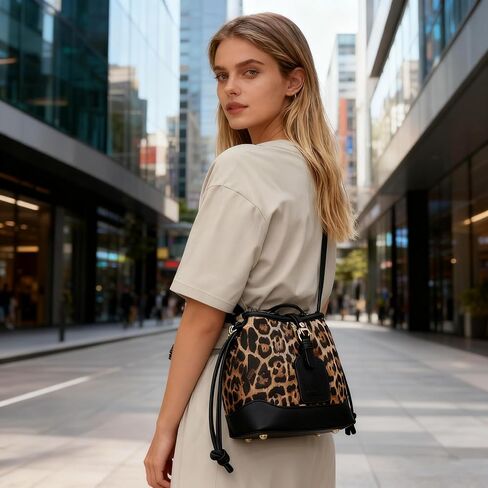 YUNZLAN Small Leopard Print Bucket Bags for Women Drawstring Crossbody Bag PU Leather Shoulder Bucket Tote Bag Purse in Kuwait