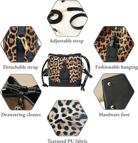 YUNZLAN Small Leopard Print Bucket Bags for Women Drawstring Crossbody Bag PU Leather Shoulder Bucket Tote Bag Purse in Kuwait