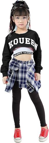 LOLANTA Girls' Hip Hop Dance Costumes 3-Piece Outfit Letter Print Long Sleeve Crop Top + Culottes Pantskirts + Vest in Kuwait