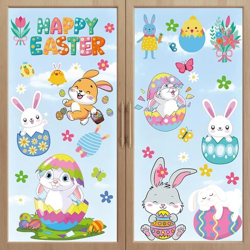 AFRITEE Happy Easter Window Clings, He is Risen Christian Cross Windows Clings for Glass Windows, Cute Bunny Egg Floral Stickers for Home School Party Decorations Supplies in Saudi Arabia