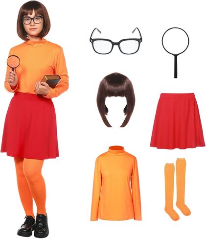 أزياء الهالوين النسائية للبالغين، بلوزة ذات ياقة مدورة برتقالية، تنورة حمراء، شعر مستعار بني، جوارب، نظارات وعدسة مكبرة in Kuwait