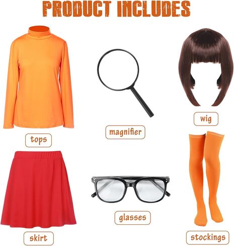 أزياء الهالوين النسائية للبالغين، بلوزة ذات ياقة مدورة برتقالية، تنورة حمراء، شعر مستعار بني، جوارب، نظارات وعدسة مكبرة in Kuwait