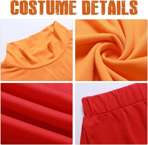 أزياء الهالوين النسائية للبالغين، بلوزة ذات ياقة مدورة برتقالية، تنورة حمراء، شعر مستعار بني، جوارب، نظارات وعدسة مكبرة in Kuwait