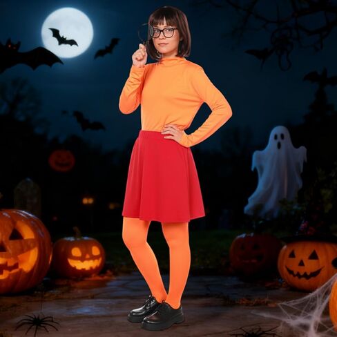 أزياء الهالوين النسائية للبالغين، بلوزة ذات ياقة مدورة برتقالية، تنورة حمراء، شعر مستعار بني، جوارب، نظارات وعدسة مكبرة in Kuwait