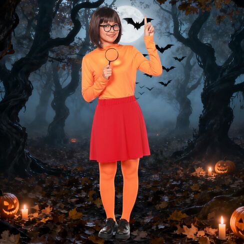 أزياء الهالوين النسائية للبالغين، بلوزة ذات ياقة مدورة برتقالية، تنورة حمراء، شعر مستعار بني، جوارب، نظارات وعدسة مكبرة in Kuwait
