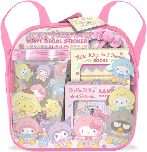 مجموعة هدايا حقيبة الظهر لعيد الفصح من هالو كيتي آند فريندز - حقيبة ظهر شفافة، مجموعة ملصقات من الفينيل مكونة من 10 قطع، جوارب، حبل قصير، زجاجة مياه in Kuwait