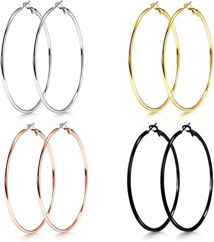 Newless 4 أزواج من الأقراط الكبيرة للنساء، مجموعة أقراط من الفولاذ المقاوم للصدأ ذهبية وفضية ووردية وذهبية وسوداء خفيفة الوزن in Kuwait