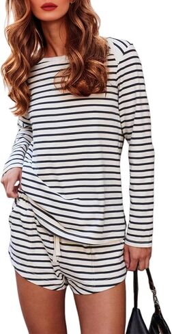 Womens Cotton Pajama Sets Casual Loungewear Set Striped Long Sleeve Tops and Shorts Pjs Lounge Sets with Pockets in Saudi Arabia