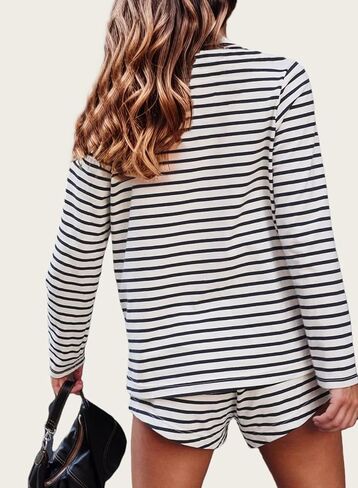 Womens Cotton Pajama Sets Casual Loungewear Set Striped Long Sleeve Tops and Shorts Pjs Lounge Sets with Pockets in Saudi Arabia