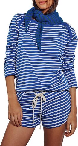 Womens Cotton Pajama Sets Casual Loungewear Set Striped Long Sleeve Tops and Shorts Pjs Lounge Sets with Pockets in Saudi Arabia