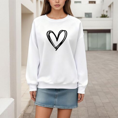 Women Heart Print Sweatshirt Long Sleeve Crew Neck Cute Casual Pullover Top in Saudi Arabia