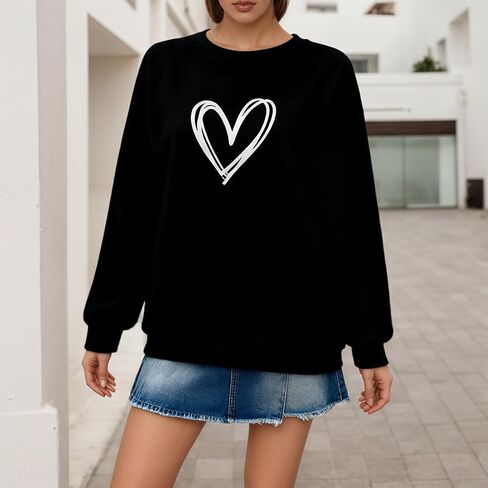 Women Heart Print Sweatshirt Long Sleeve Crew Neck Cute Casual Pullover Top in Saudi Arabia