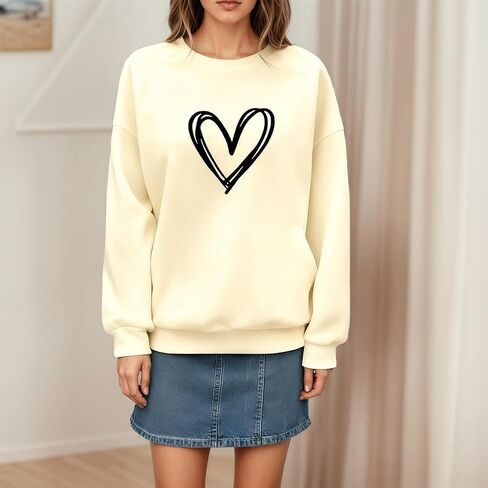 Women Heart Print Sweatshirt Long Sleeve Crew Neck Cute Casual Pullover Top in Saudi Arabia