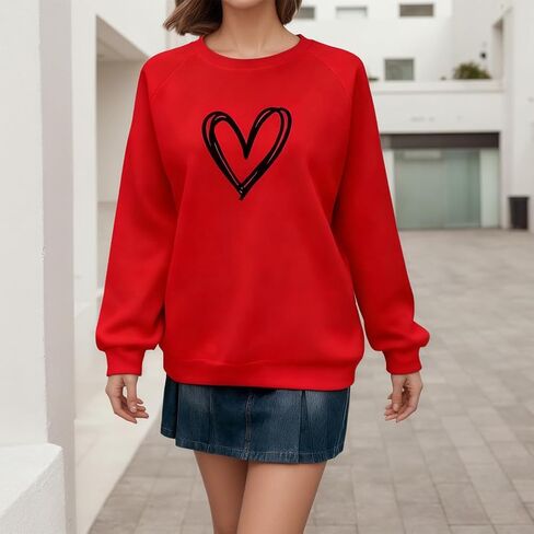 Women Heart Print Sweatshirt Long Sleeve Crew Neck Cute Casual Pullover Top in Saudi Arabia