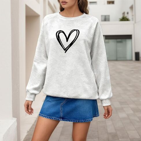 Women Heart Print Sweatshirt Long Sleeve Crew Neck Cute Casual Pullover Top in Saudi Arabia