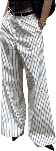 GORGLITTER المرأة فستان مخطط السراويل مقلمة واسعة الساق السراويل الطويلة فضفاض الأعمال عادية تجريب بنطلون in Kuwait