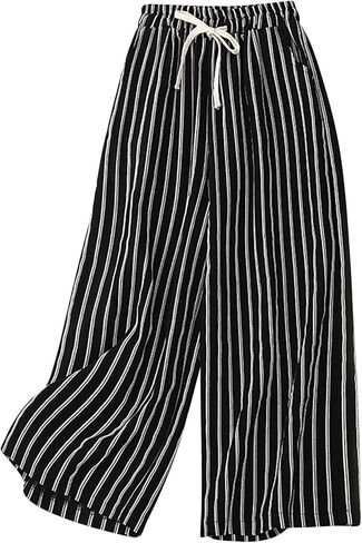 FZYLQY Women's Casual Cotton Linen Pants Striped High-Waist Wide-Leg Slacks Lightweight Palazzo Capri Culotte Pants in Saudi Arabia