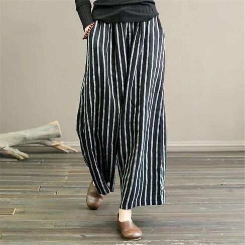 FZYLQY Women's Casual Cotton Linen Pants Striped High-Waist Wide-Leg Slacks Lightweight Palazzo Capri Culotte Pants in Saudi Arabia