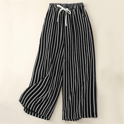 FZYLQY Women's Casual Cotton Linen Pants Striped High-Waist Wide-Leg Slacks Lightweight Palazzo Capri Culotte Pants in Saudi Arabia