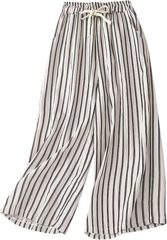 FZYLQY Women's Casual Cotton Linen Pants Striped High-Waist Wide-Leg Slacks Lightweight Palazzo Capri Culotte Pants in Saudi Arabia