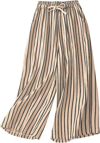 FZYLQY Women's Casual Cotton Linen Pants Striped High-Waist Wide-Leg Slacks Lightweight Palazzo Capri Culotte Pants in Saudi Arabia