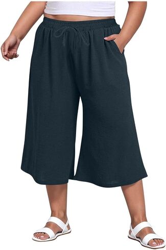 سراويل كابري من GaoCold للنساء مقاس كبير بأرجل واسعة ورباط عالي الخصر ملابس كابريس فضفاضة متدفقة للصيف والعطلات على الشاطئ in Kuwait