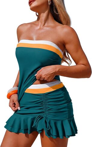 ZAFUL Colorblock Bandeau Tankini Swimsuits for Women 2 Piece Tummy Control Bathing Suit Drawstring Ruffle Swim Skort in Saudi Arabia