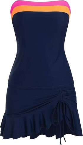 ZAFUL Colorblock Bandeau Tankini Swimsuits for Women 2 Piece Tummy Control Bathing Suit Drawstring Ruffle Swim Skort in Saudi Arabia