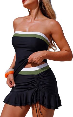 ZAFUL Colorblock Bandeau Tankini Swimsuits for Women 2 Piece Tummy Control Bathing Suit Drawstring Ruffle Swim Skort in Saudi Arabia
