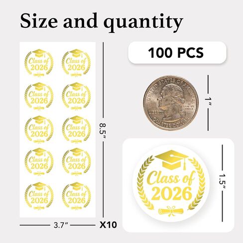 100 x Class of 2026 Envelope Seals Labels Stickers, Clear Real Foil Graduation Round Stickers, 2026 Graduation Announcement Stickers, Metallic Class of 2026 Sticker (Classic, Gold) in Saudi Arabia