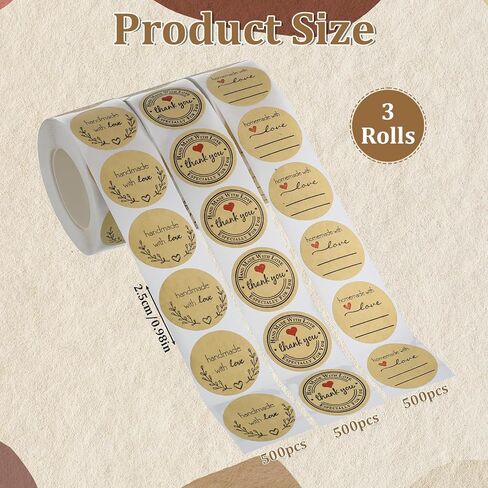 Handmade Stickers Set, 1500 Pieces Thank You Round Stickers Handmade with Love Sticker Roll 1 Inch Thank You & Love Labels Round Adhesive Eco-Friendly Sticker for Present Bag Thanksgiving (3 Rolls) in Saudi Arabia