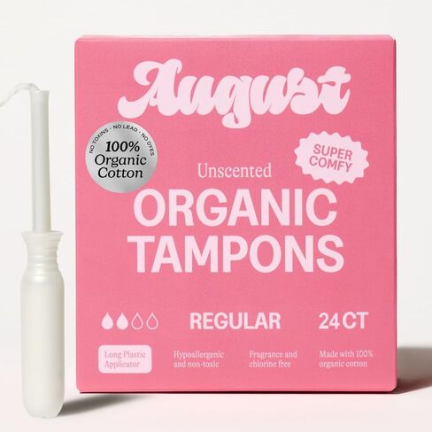 August Organic Cotton Tampons, Regular tampons, BPA Free Long Applicators, Non-Toxic Organic tampons, Fragrance-Free, Chlorine-Free, Hypoallergenic, 16 Count in Kuwait