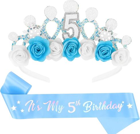 CUBACO 5th Birthday Crown Headband and Sash, 5 Year Old Girl Birthday Gift Ideas for Blue Princess Crown, Frozen Party Decorations Favors for Girls Outfit in Kuwait