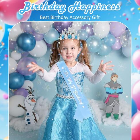 CUBACO 5th Birthday Crown Headband and Sash, 5 Year Old Girl Birthday Gift Ideas for Blue Princess Crown, Frozen Party Decorations Favors for Girls Outfit in Kuwait