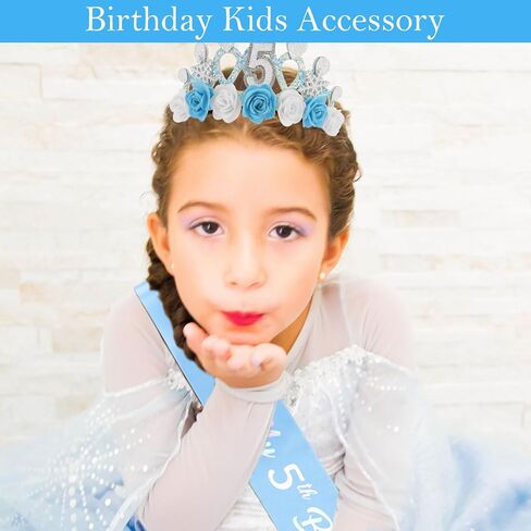 CUBACO 5th Birthday Crown Headband and Sash, 5 Year Old Girl Birthday Gift Ideas for Blue Princess Crown, Frozen Party Decorations Favors for Girls Outfit in Kuwait
