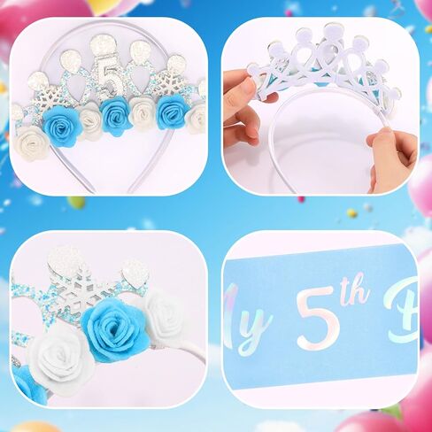 CUBACO 5th Birthday Crown Headband and Sash, 5 Year Old Girl Birthday Gift Ideas for Blue Princess Crown, Frozen Party Decorations Favors for Girls Outfit in Kuwait