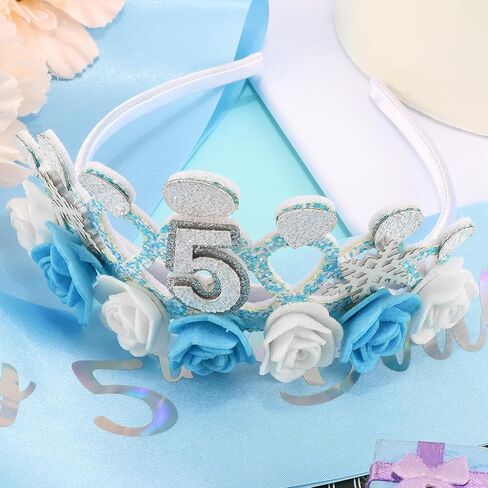 CUBACO 5th Birthday Crown Headband and Sash, 5 Year Old Girl Birthday Gift Ideas for Blue Princess Crown, Frozen Party Decorations Favors for Girls Outfit in Kuwait