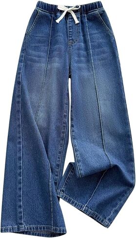 Nivne Tco Tween Boys Wide Leg Jeans Casual Bow Decor Loose Fit Elastic Waistband Baggy Denim Pants with Four Pockets in Kuwait