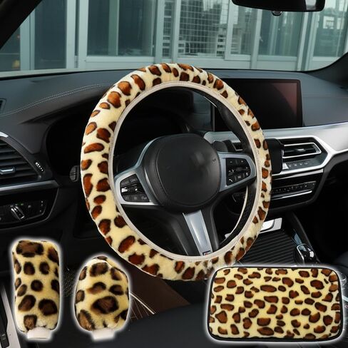 4-Piece Fuzzy Steering Wheel Cover for Women Girls, Accmor Universal Fit 15 inch Fur Car Wheel Cover & Handbrake Cover & Gear Shift Cover Set, Fashion Leopard Winter Warm Fluffy Vehicle Wheel Protecto in Saudi Arabia
