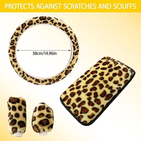 4-Piece Fuzzy Steering Wheel Cover for Women Girls, Accmor Universal Fit 15 inch Fur Car Wheel Cover & Handbrake Cover & Gear Shift Cover Set, Fashion Leopard Winter Warm Fluffy Vehicle Wheel Protecto in Saudi Arabia