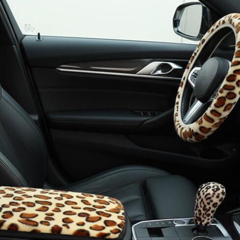 4-Piece Fuzzy Steering Wheel Cover for Women Girls, Accmor Universal Fit 15 inch Fur Car Wheel Cover & Handbrake Cover & Gear Shift Cover Set, Fashion Leopard Winter Warm Fluffy Vehicle Wheel Protecto in Saudi Arabia